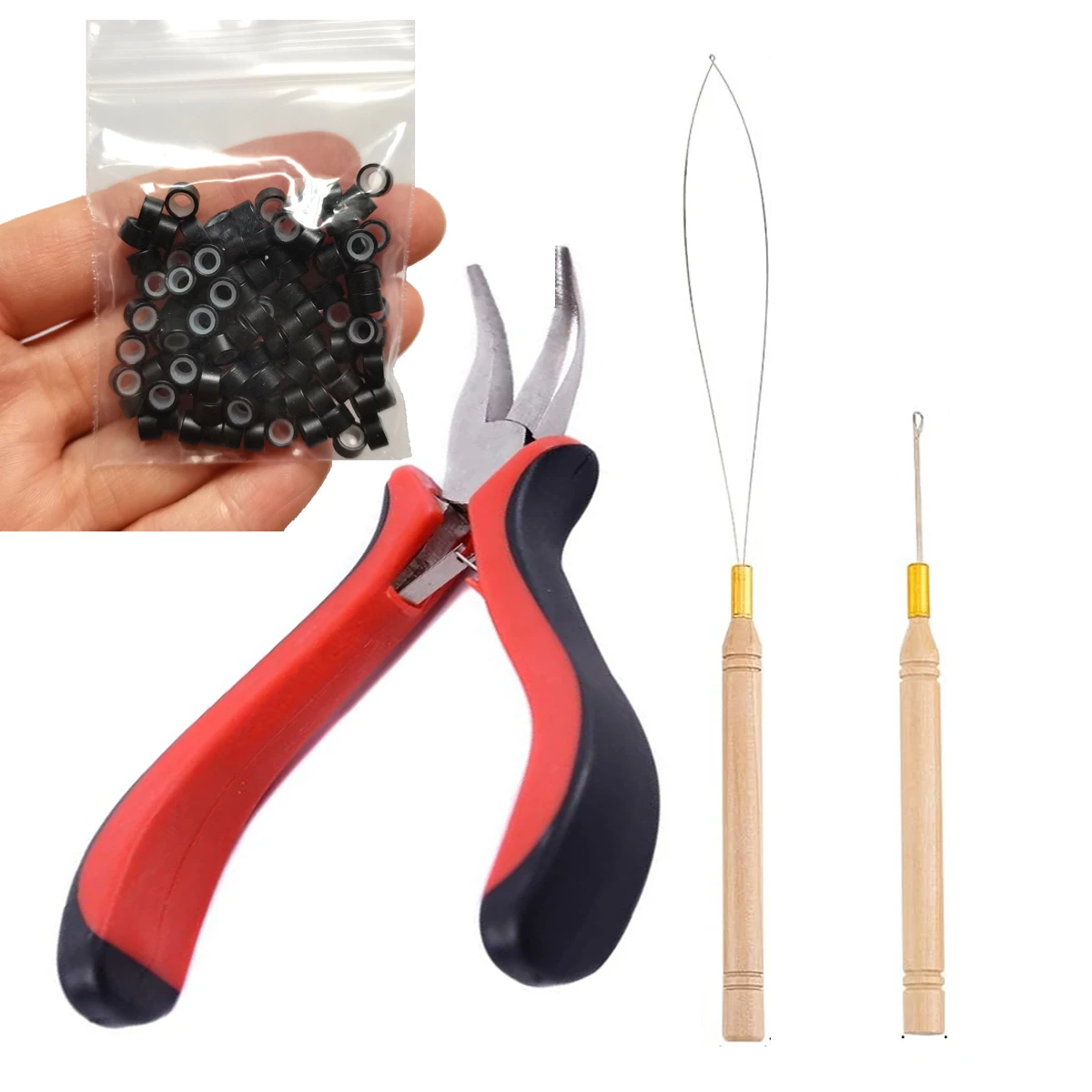 

1 комплект плоскогубцев для наращивания волос, 100 шт., микрозвенья/бусины + 1 шт., игла для вытягивания + 1 шт., микрокольца + 1 шт., щипцы для волос, инструменты