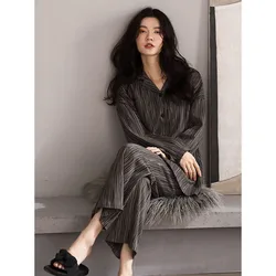 2023 Spring and Autumn Women's Pajama Stripe Loose Loungewear Lapel Comfortable Homewear Long Sleeve Cotton Sleepwear Set