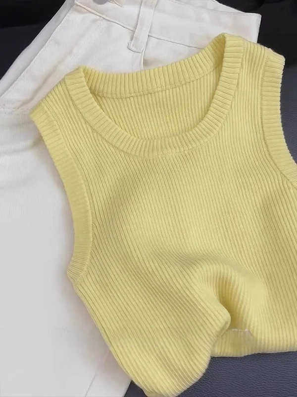 Yellow Knitted Vest Women's Outerwear Base Layer Strap Spring Summer Fashionable Sleeveless Top Inner Matchings Poly Fiber