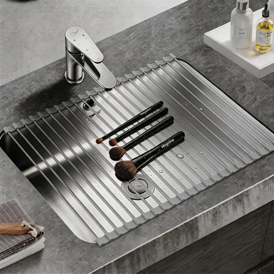 Escurridor de cocina de 1 pieza con 15 tubos, escurridor plegable de acero inoxidable para fregadero, tapete enrollable para escurrir platos y cubiertos, tapete plegable para escurrir sobre el fregadero, accesorios de acero inoxidable para fregadero de co