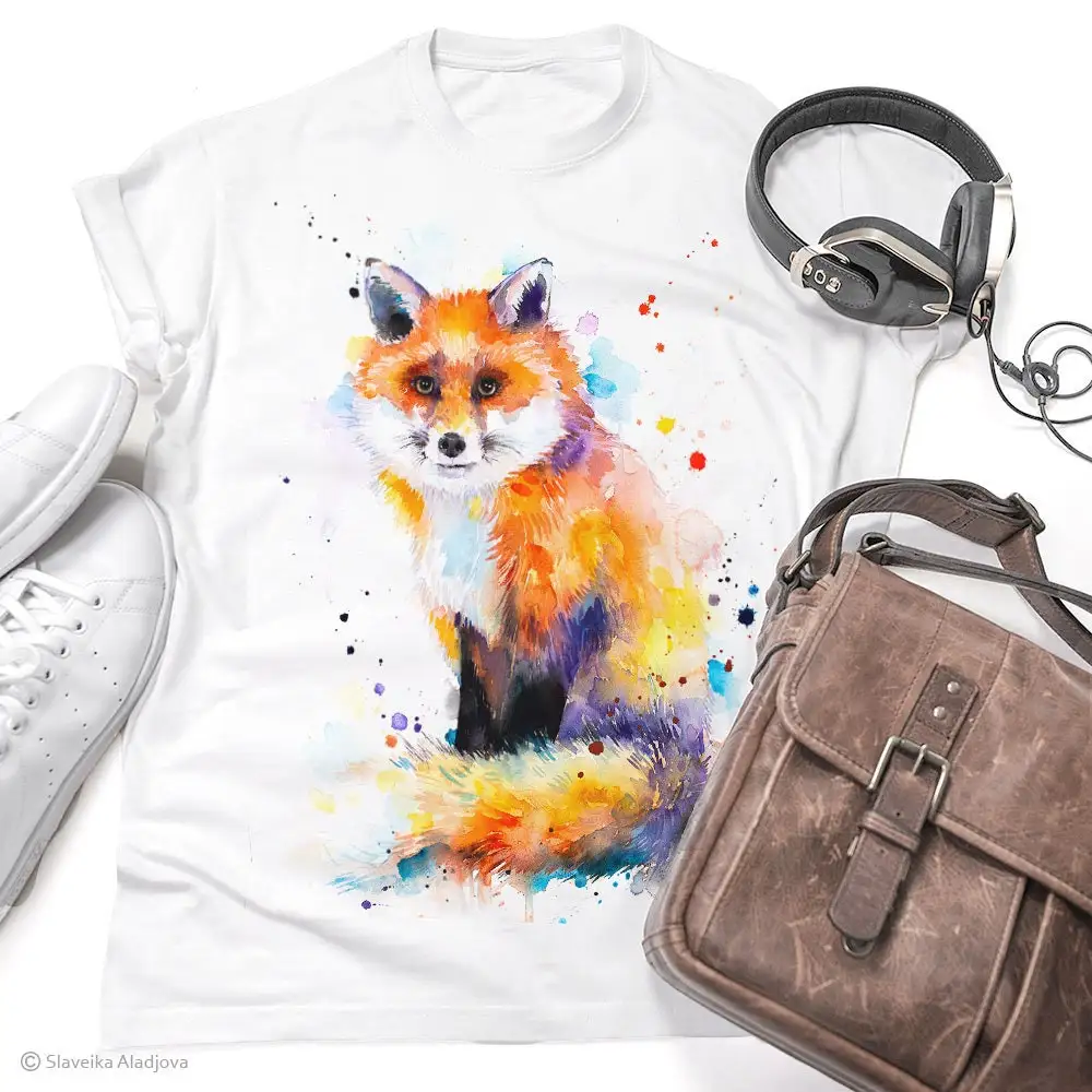 

Fox Watercolor Ladies' T Shirt Women'S Tees Shirtn Clothing Girls' Ring Spun Cotton 100 Print