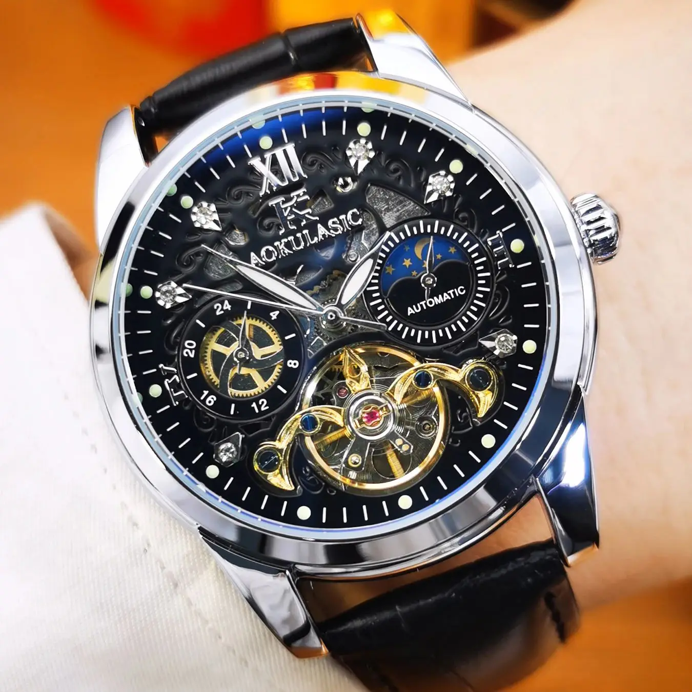 Montre squelette de mode pour hommes Tourbillon Design aiguilles lumineuses affaires montres mécaniques automatiques bracelet en cuir AOKULASIC