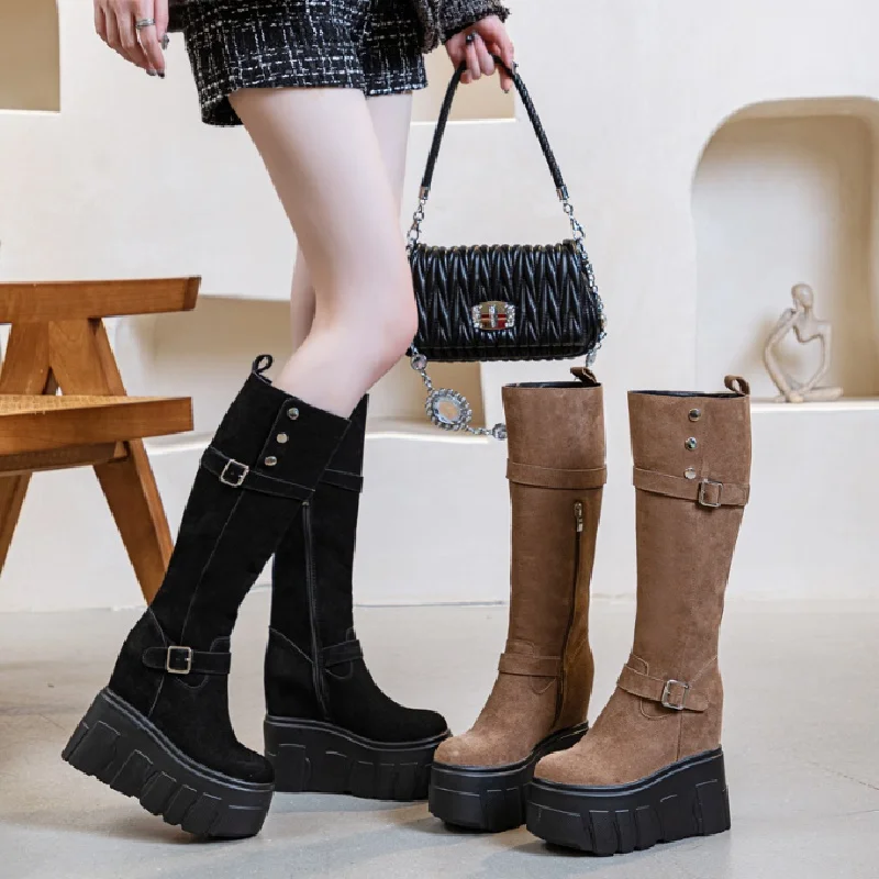 14 سنتيمتر الجلود الاصطناعية النساء الجوارب كعب مخفي الأحذية منصة إسفين موضة الخريف الربيع كتلة حذاء برقبة للركبة الأحذية