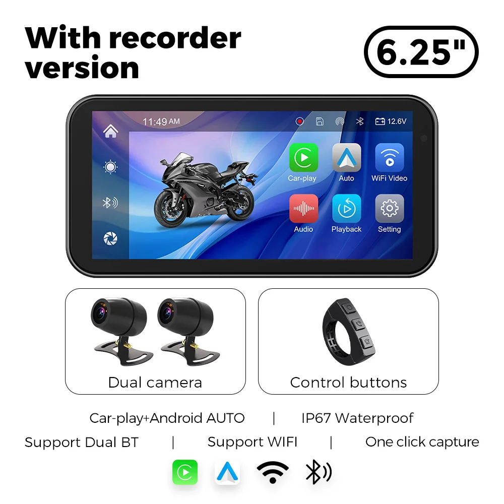 Draagbare 6,25 inch IP67 waterdichte motorfiets GPS-navigatie Draadloze Carplay Android Auto DVR Drive Recorder Moto Monitor WIFI