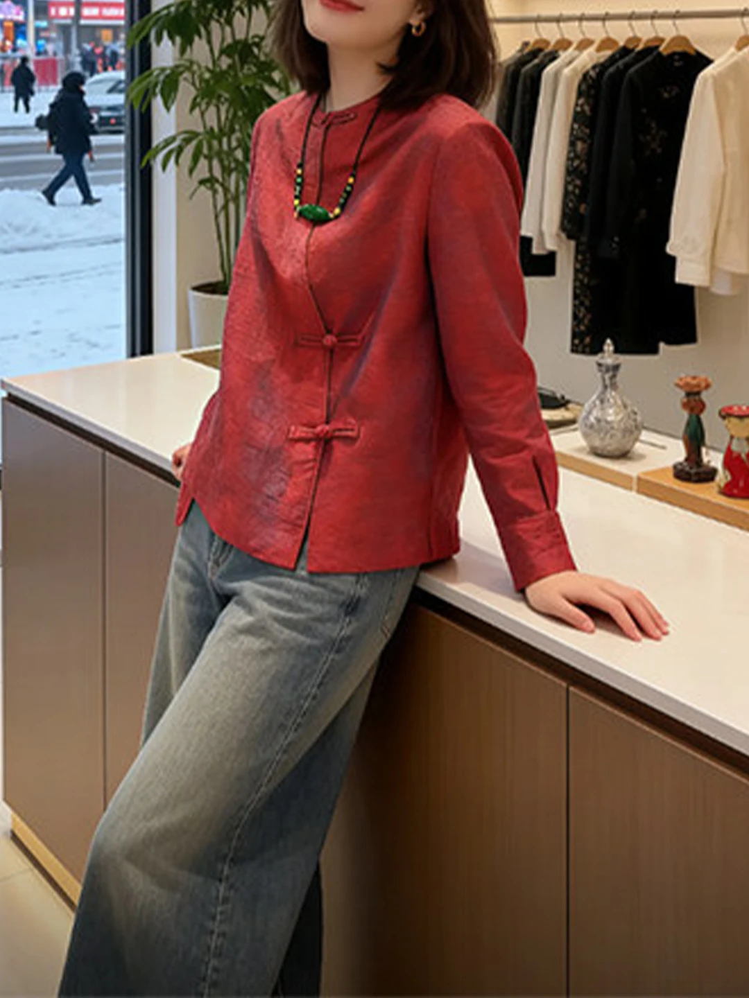 

Red Embroidered Shirt Women's Spring Autumn New Style National Trend Irregular Oblique Flap Button up Top Chinese Zodiac Year
