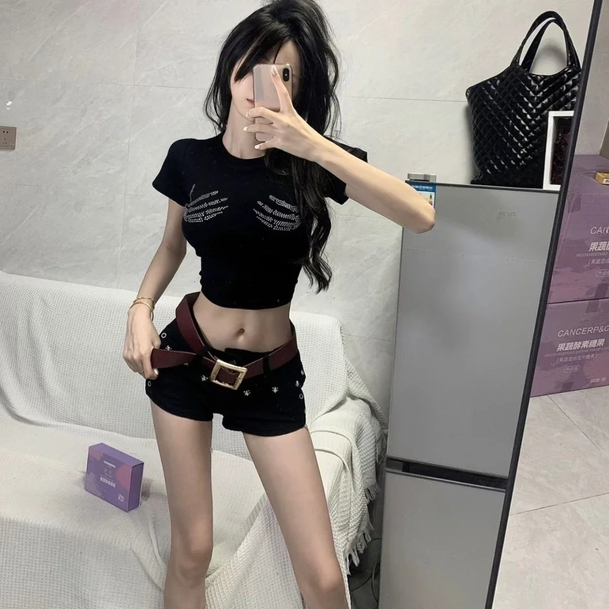 

Slim Fit Cotton Women's Short Sets 2 Pieces Navel Exposure T Shirt Low Waist Female Shorts New Coordinated Cheap Offers Classic