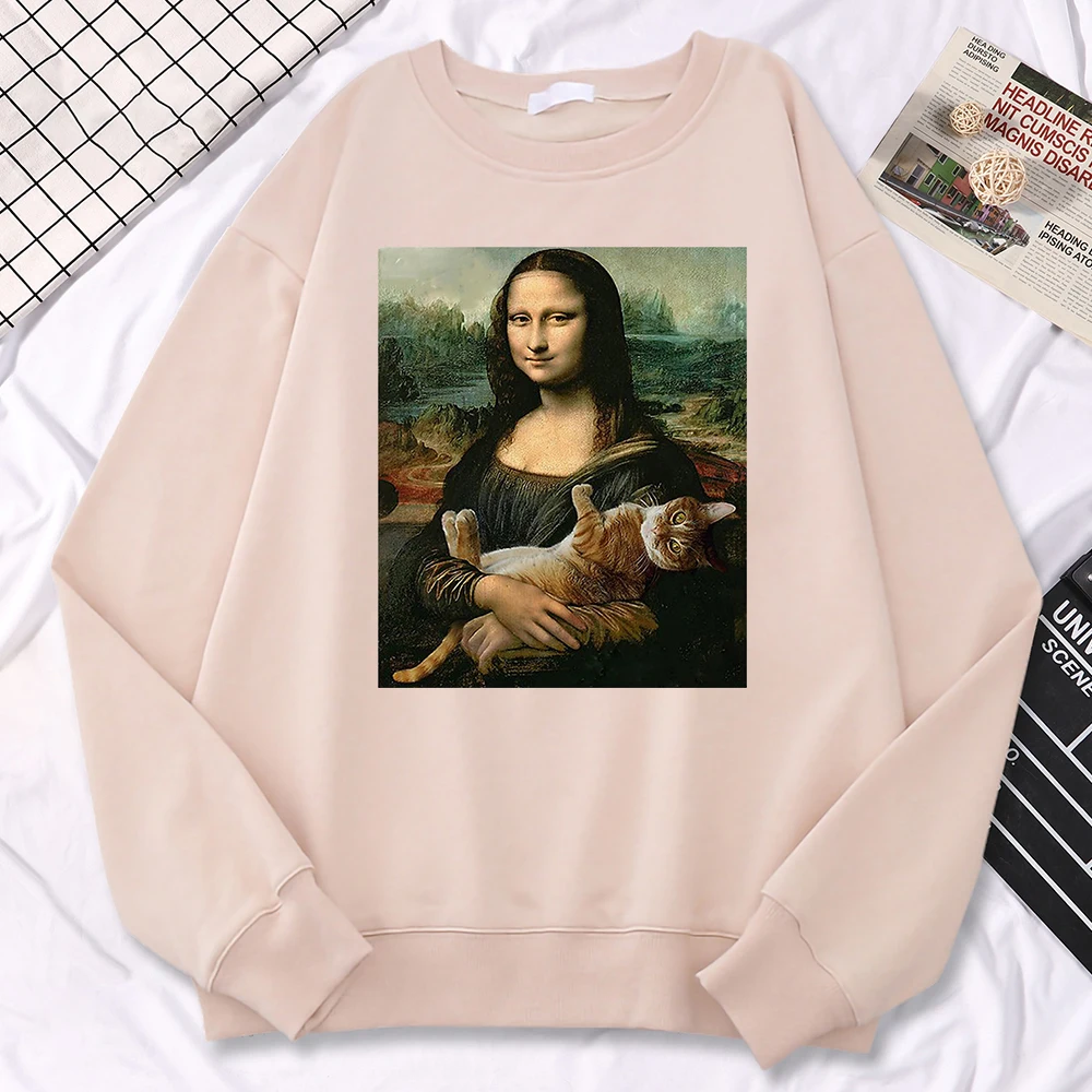 

Трендовый простой женский свитшот, знаменитая картина, Мона Лиза, держит кот, толстовки с креативным принтом, флисовые мягкие пуловеры, свободные теплые топы