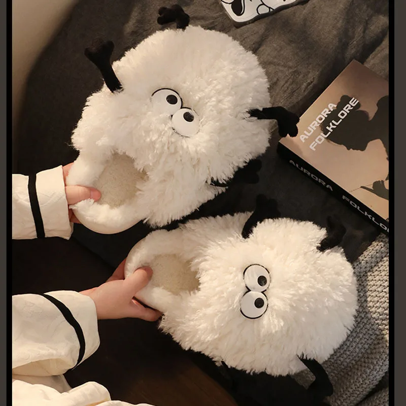 Funny Coal Ball For Women Cute Cotton Slippers Girls Home Winter Slipper 2023 Men Fluffy Fur House Slides Shoes