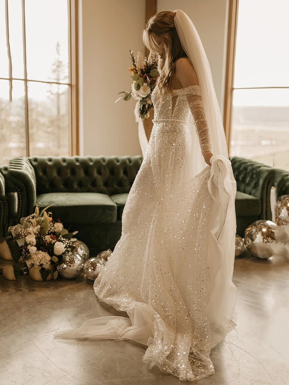 Robe de Mariée de Luxe à Manches sulfet Paillettes, Vêtement de Patients de Ligne A avec Perles Lourdes et Paillettes