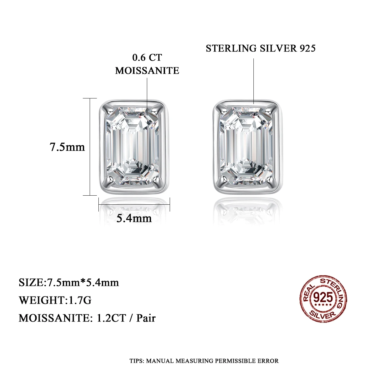 Emerald Cut Moissanite Earrings Classic 2022 Trendy Women's 925 Sterling Silver Engagement Earings Luxury Fine Jewelry 1.2CT