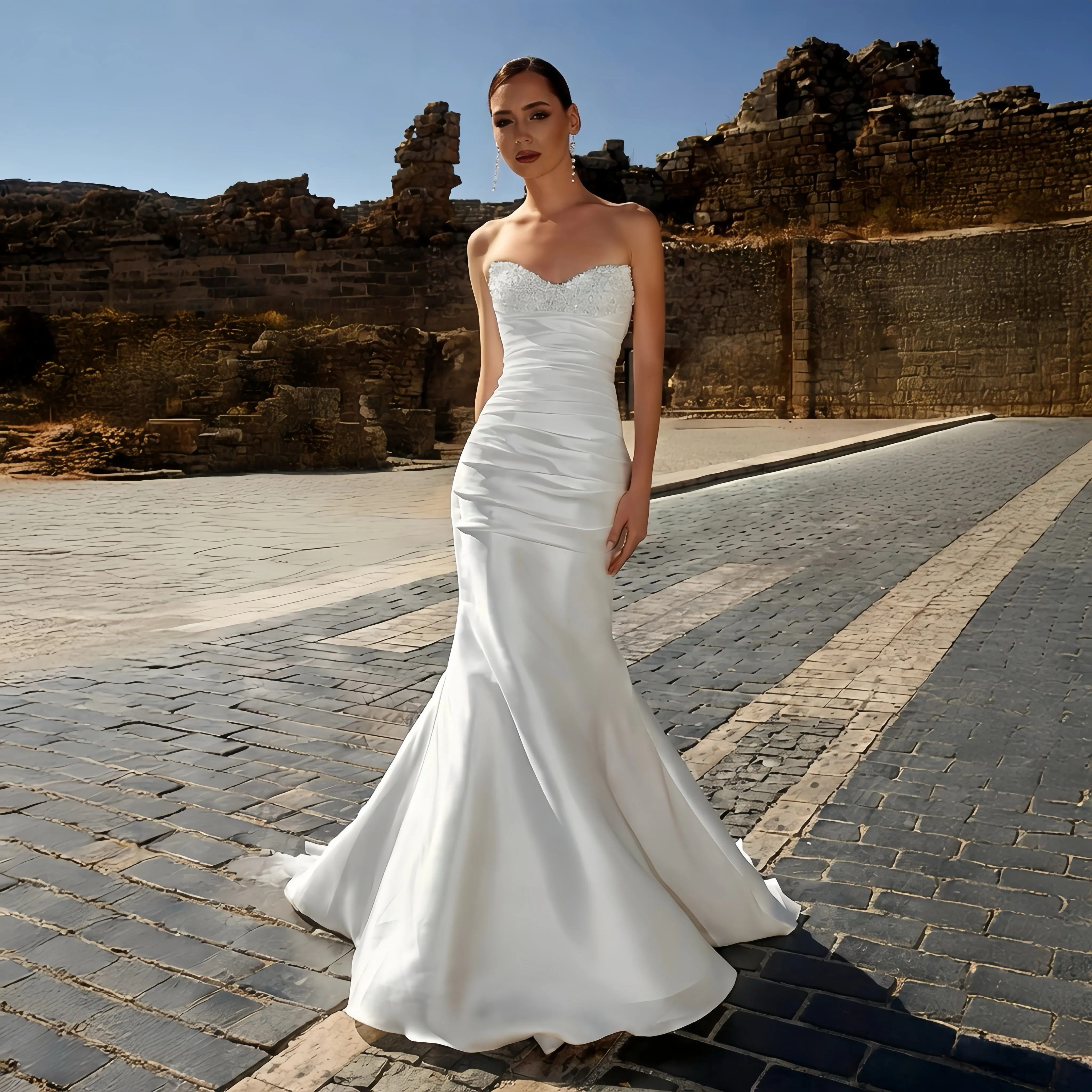 

ZIBUYU Customized Elegant Satin Mermaid Wedding Dress Strapless Beaded Backless Ruched Bridal Gown