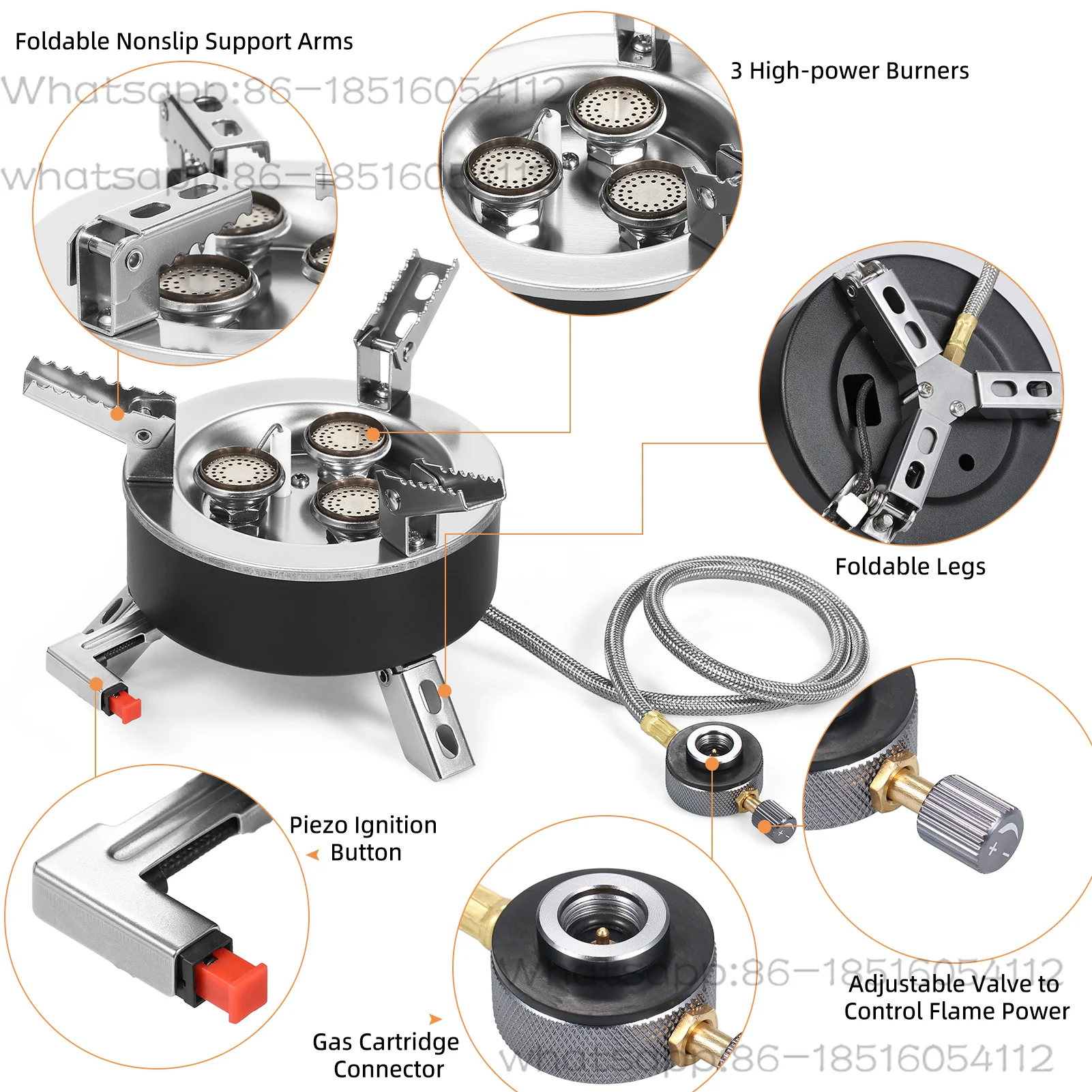 6800W Camping Gas Stove Folding 3 Burners Piezo Ignition Backpacking Stove Outdoor Cooking Stove Furnace for Camping Hiking