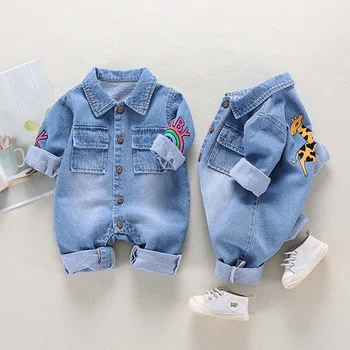 Babykleidung Neugeborenen Overall Denim Strampler Frühling und Herbst Junge Mädchen Strampler Baby Furz Strampler Strampler Cartoon Giraffe Strampler