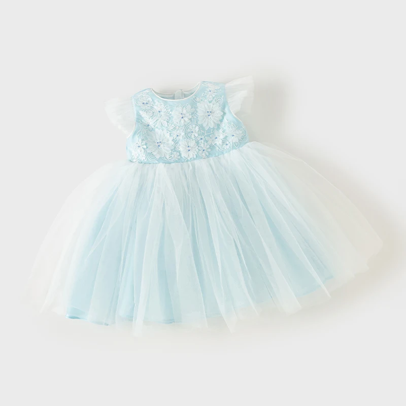 Dave Bella 2024 Summer Kids Child Girls Clothes Light Blue Dresses Girls Sleeveless Princess Party Mesh Dress DB2241511