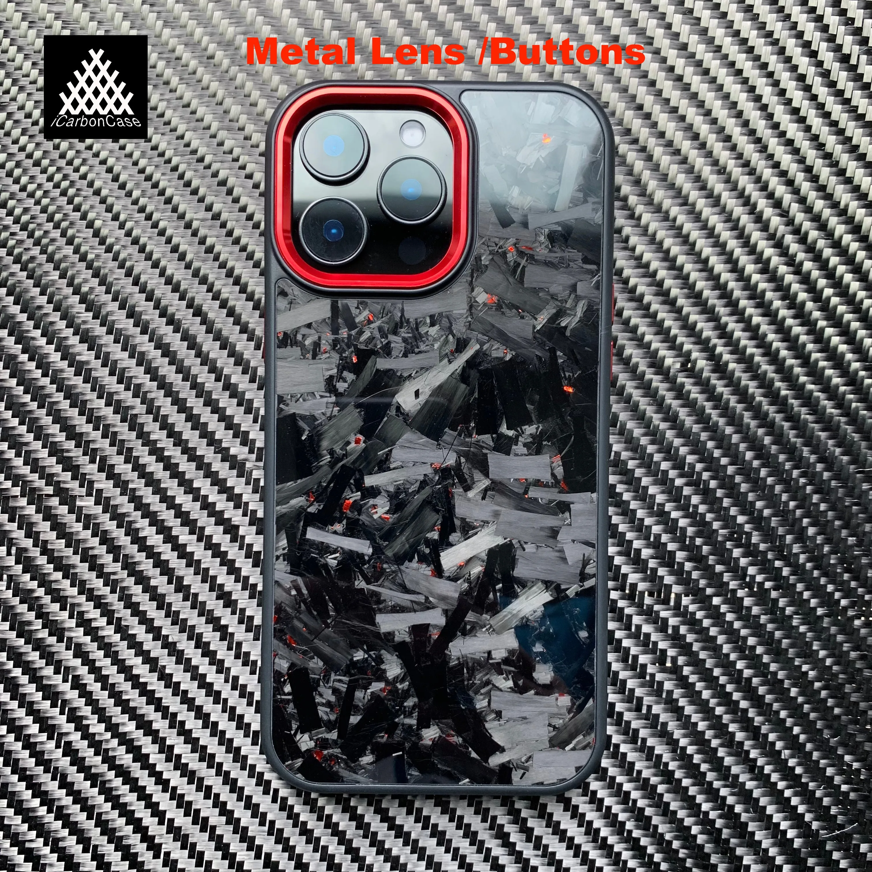 

New Magnetic Forged Carbon Fiber Case with Red Metal Lens /Buttons and Flakes for iPhone 16 15 14 13 12 11 Pro Max with MagSafe