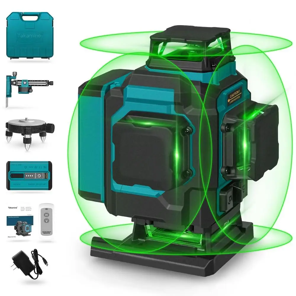 16 Line Green Laser Level Pro 4x360° Construction Tool with Vertical and Horizontal Lines Remote Control Type-c Charging and