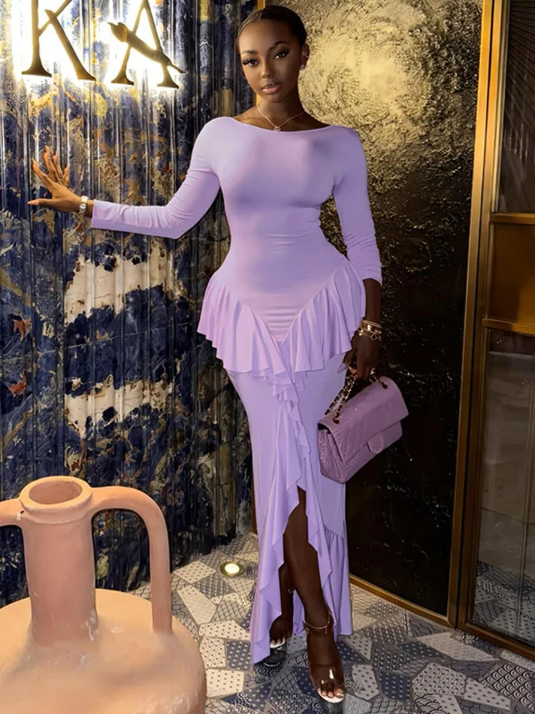 القطب الشمالي القط أنيقة طويلة الأكمام جولة الرقبة كشكش فستان طويل المرأة مثير عارية الذراعين مطوي فستان الخريف الشتاء فستان الحفلات المسائية