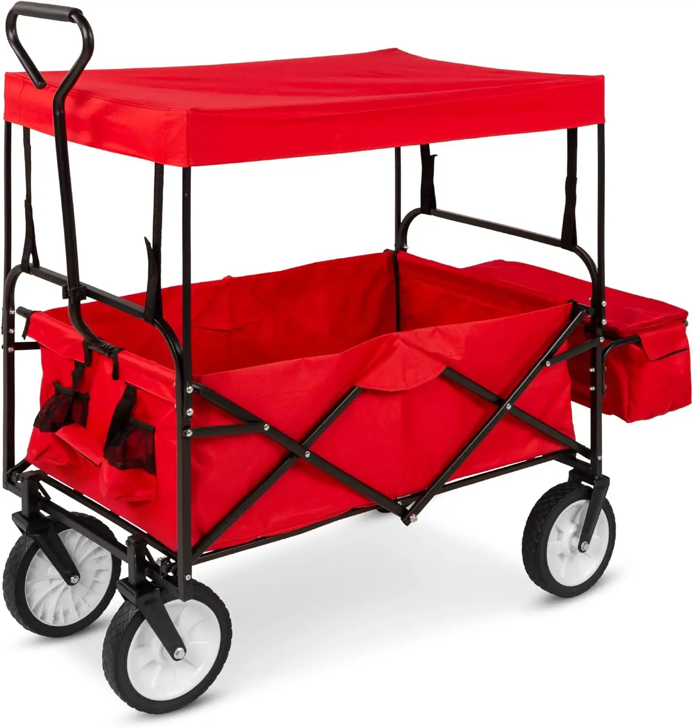 Beach Picnic Camping Use, Durable Fabric, Red, Collapsible Outdoor Utility Wagon with Canopy 150lb Capacity