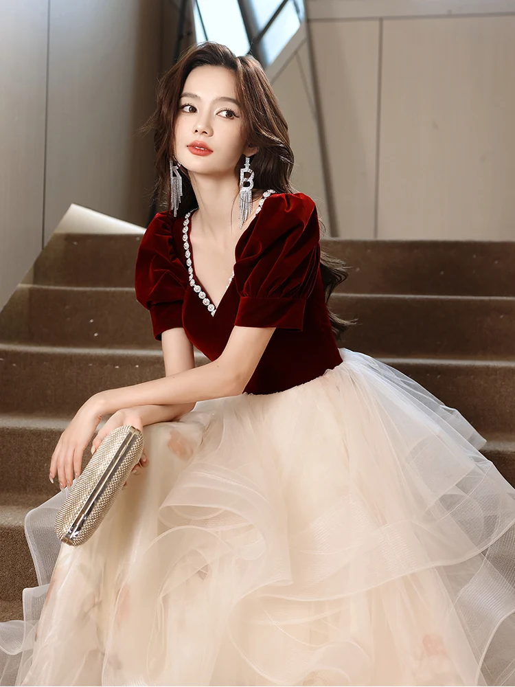 

Ele Red Evening Gown Fairy Tulle Wedding Dr Women's High-End Sensation Drinking Ceremony New Bride Airy Skirt