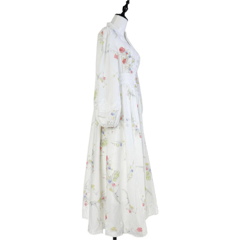 Rétro Vaion imprimé brodé lin lourd Dr V Ne bouton fée longue Dr femmes taille haute une ligne jupe