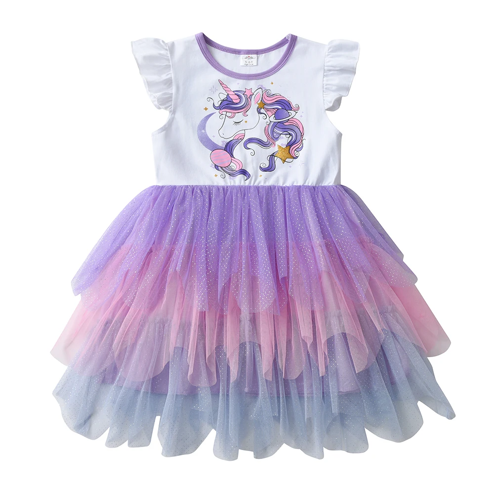 VIKITA Summer Kids Dresses Flying Sleeve Unicorn Children Dress Cartoon Print Tutu Girls Dress  Baby Irregular Party Clothing