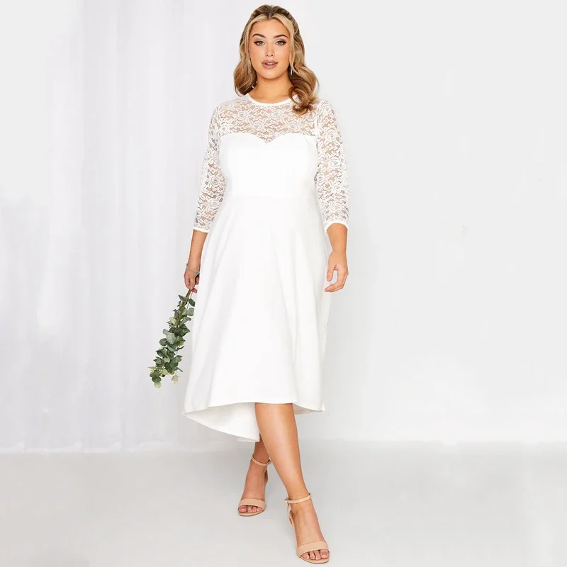 

Plus Size 3/4 Lace Sleeve Spring Autumn Elegant Party Dress Women White Flt Flare Midi Dress Large Size Night Out Wedding Dress