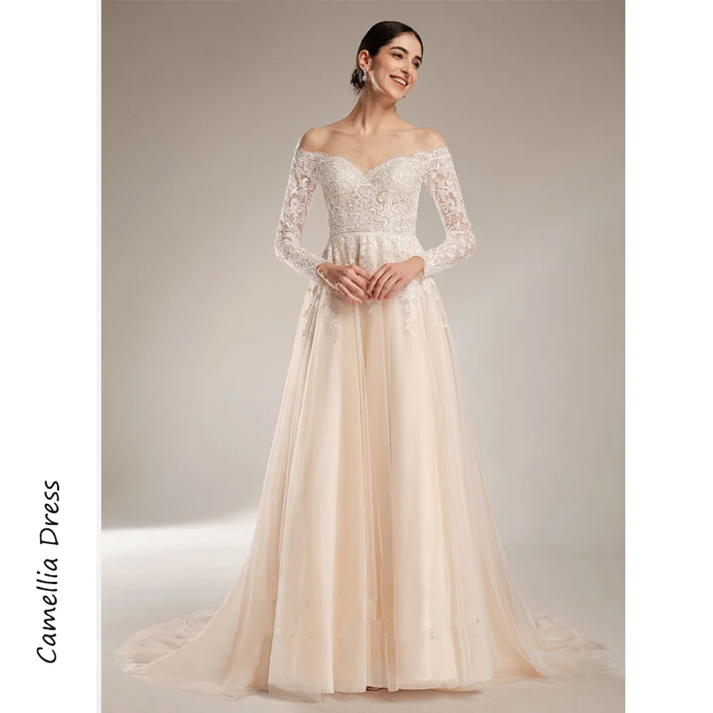 

Customized A Line Wedding Dresses Illusion Sequins Long Sleeves Womens Dresses Lace Tulle Bride Dresses Vestidos Para Mujer