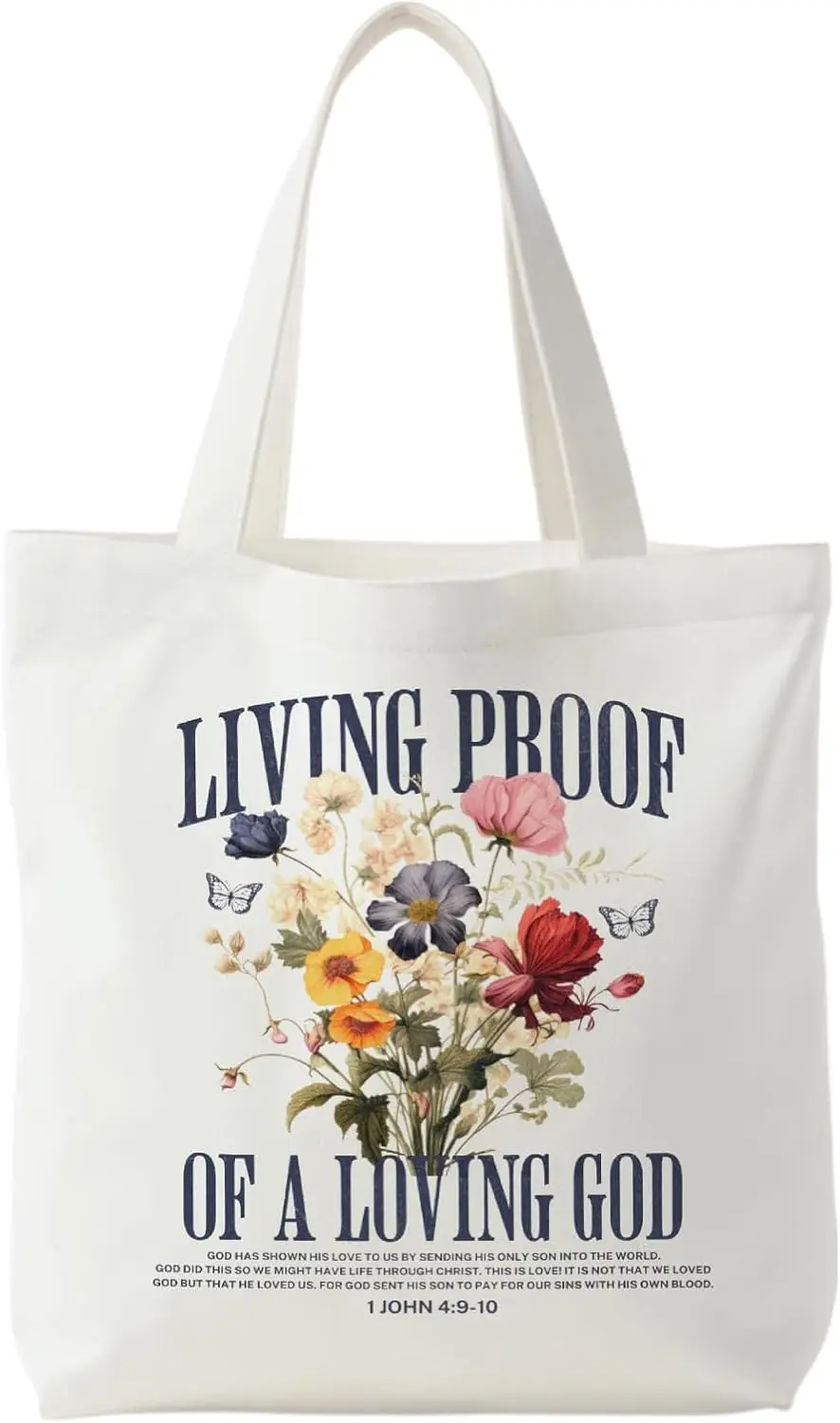 

White Canvas Shoulder Bag with Floral Print Pattern and Inscription Suitable for Casual and Versatile Daily Commuting Use