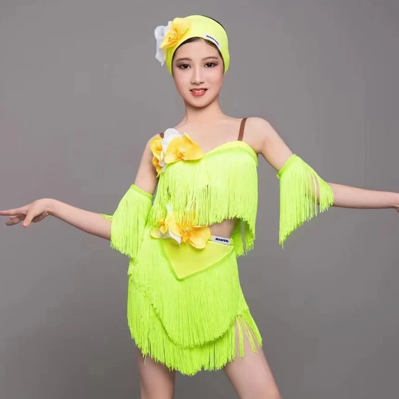 Nieuwe Latin Dans Kostuum Meisjes Kwastje Concurrentie Jurk Cha Cha Rumba Samba Prestaties Fringe Pak Kids Praktijk Kleding NV18201