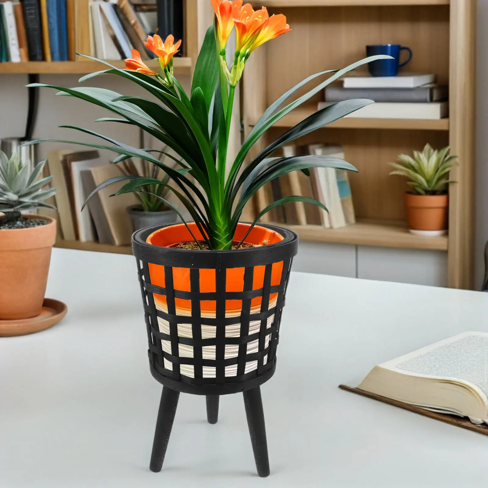 Wooden Flower Pot Stand Nordic Design Wicker Weave Planter Rack Decorative Plant Display Stand for Living Room Balcony Garden