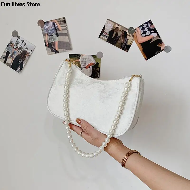 Flower Pattern Elegant Bags Women Retro Fashion Shoulder Purse Ladies Wedding Party Handbags White Pearl Chains Totes Classic