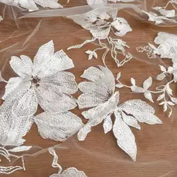 Lace Fabric for Bride Wedding, Embroidered Branches and Leaves, Flower Twig Dress, Mesh Fabric,  White, RS4217