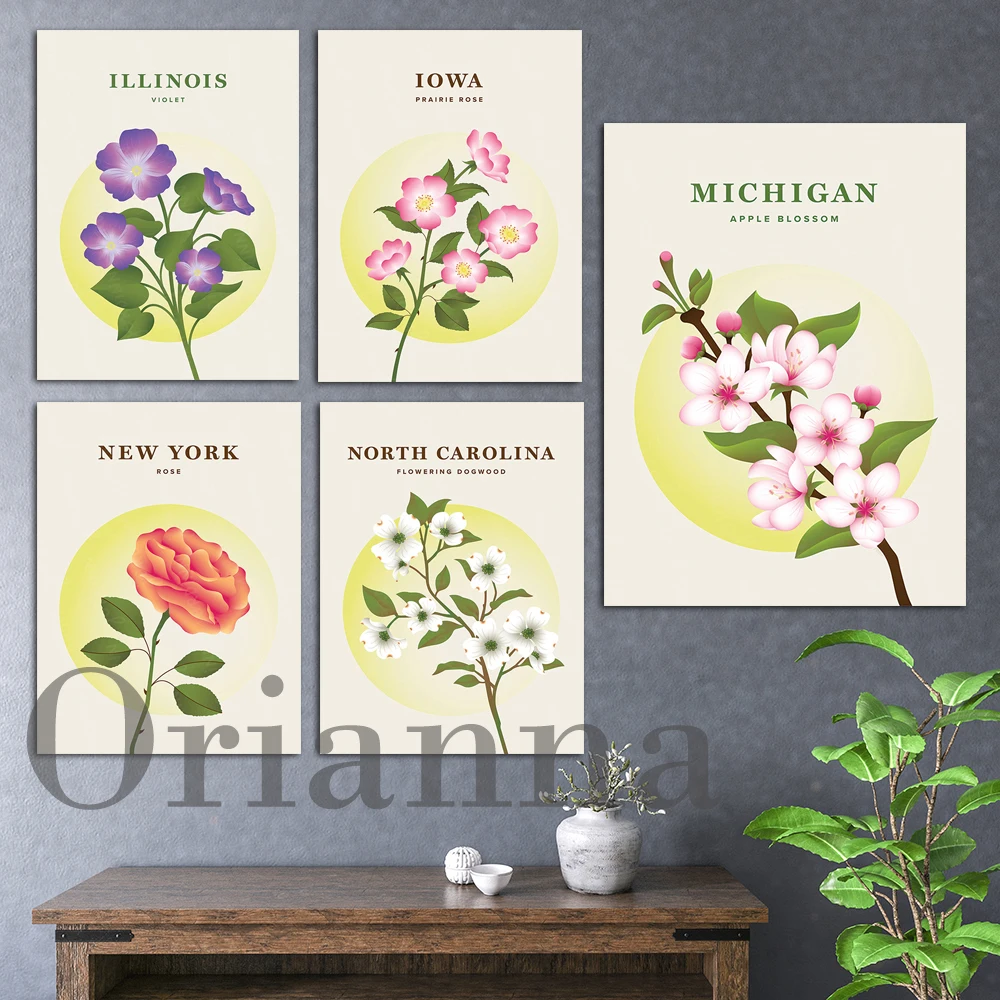 North Carolina State Dogwood Iowa State Prairie Rose Michigan Apple Blossom New York Rose Illinois Violet Travel Prints Posters