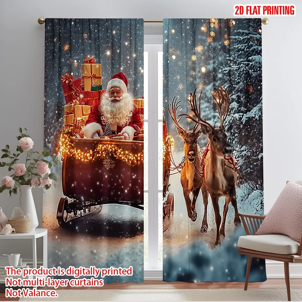 

2pcs,2D plane printing Popular Curtain Panels Santa Sleigh Reindeer Christmas Lights (2) Versatile Durable Polyester (without