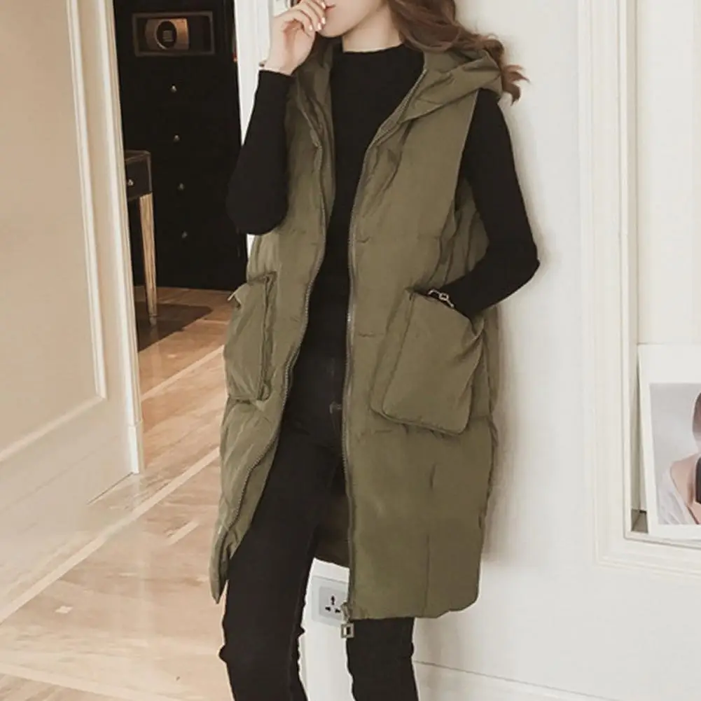 

Women Polyester Waistcoat Stylish Women's Hooded Long Vest Coat with Pockets Zipper Placket Autumn Winter Solid Color