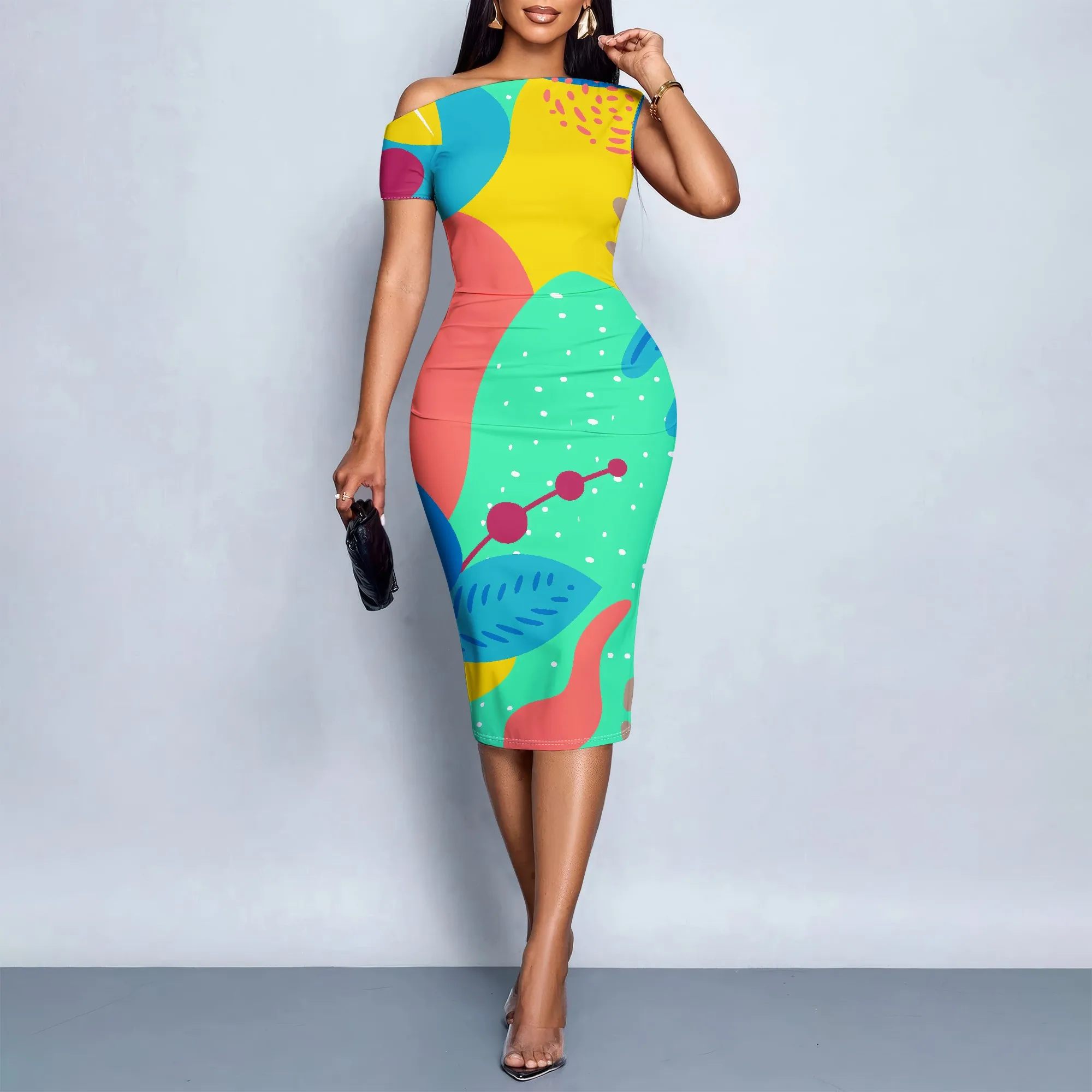 Lebhaft bedrucktes, abstraktes Kleid, farbenfrohes Bodycon, künstlerisches Midikleid, Sommerparty, S-2XL