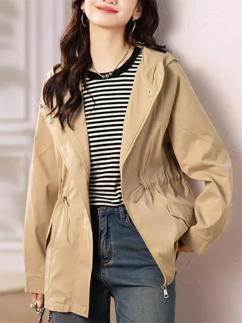 Korean Waist Pleated Hooded Patchwork Fashionable Short Jacket For Women Artistic Retro Solid Color Versatile Casual Coat K2049