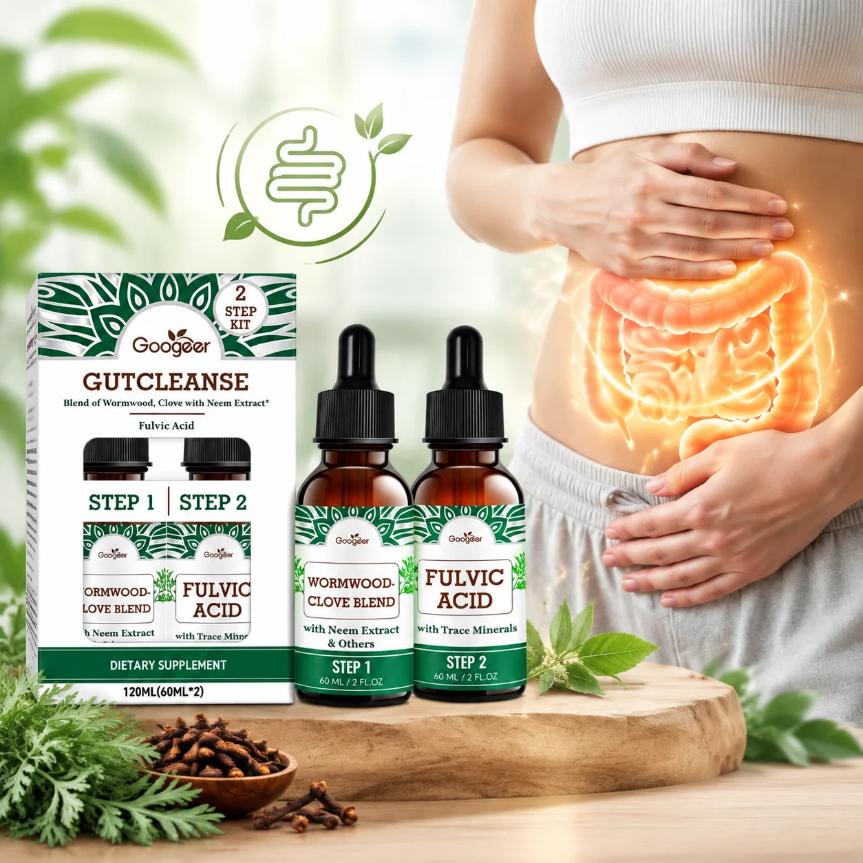 Gut Wellness 2-Step Drop Kit Supports Intestinal Health,Digestive Comfort,Wormwood Clove and Fulvic Acid Herbal Supplement,120ml