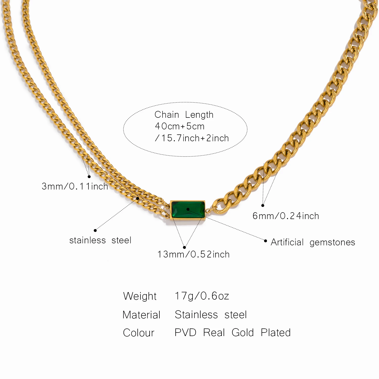 Classic Emerald Asymmetric Chain Necklace for Women Stainless Steel Necklace for Daily Wear Jewelry