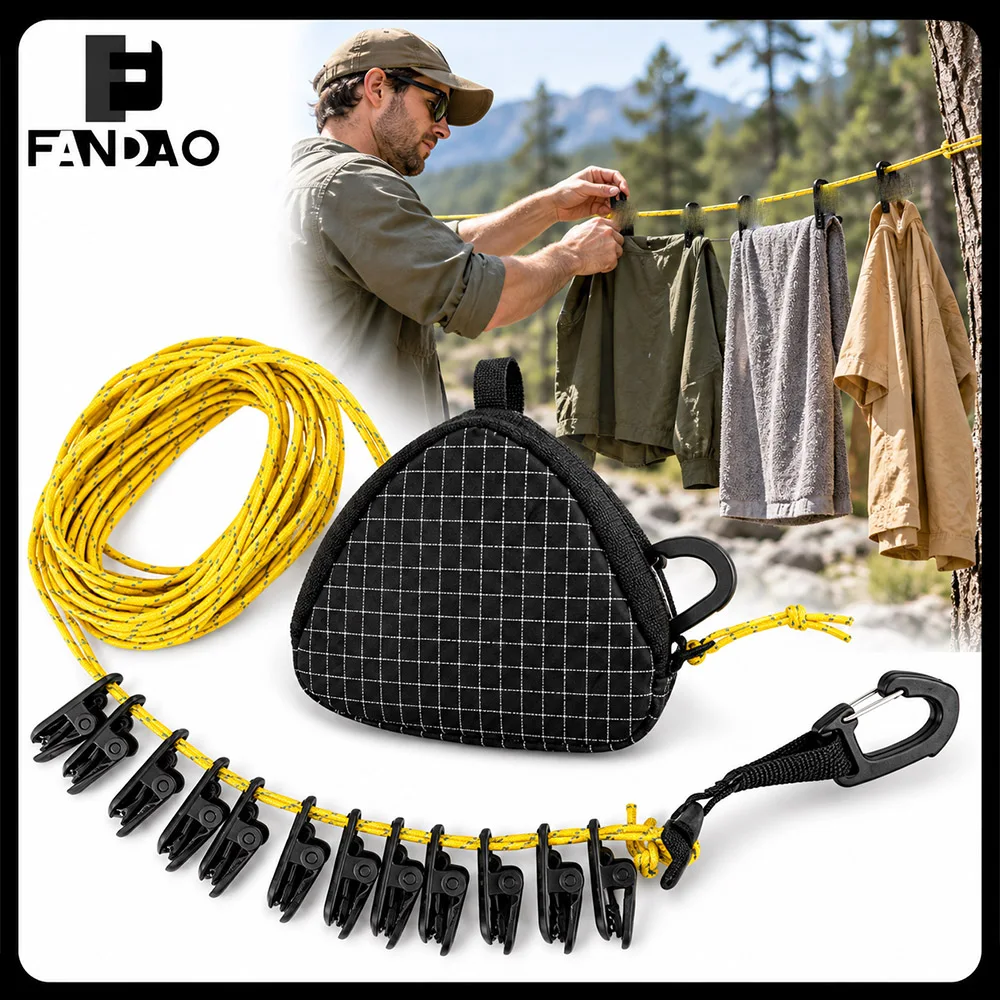 Portable Outdoor Multifunctional Clothesline Windproof Reflective Hanging Cord with Hook for Camping Hiking Travel Backpack