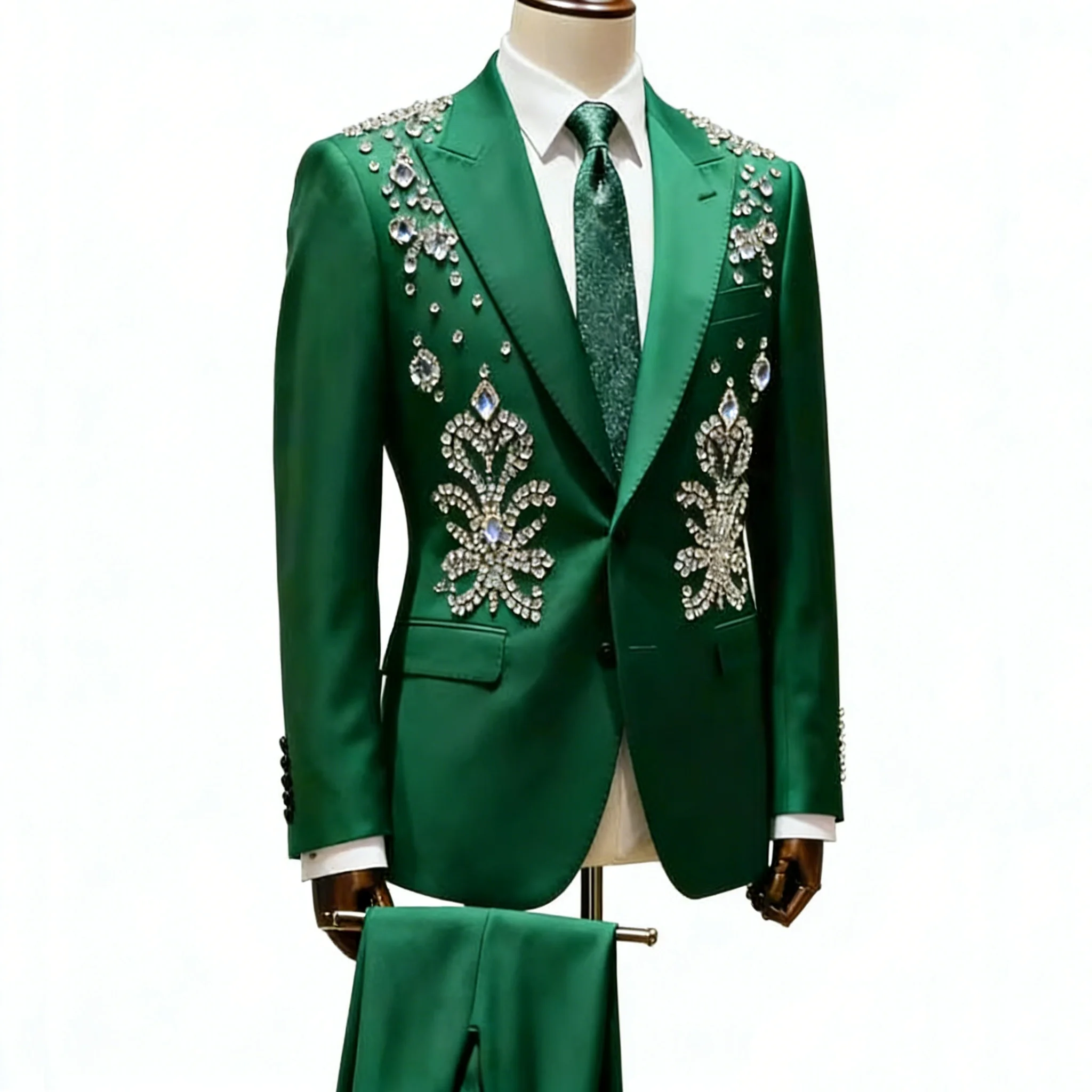 

Luxury Suits Men For Wedding Rhinestone Beaded Jacket Pants 2 Piece Sets Plus Size Custom Made Groom Tuxedo Attire Ropa Hombre