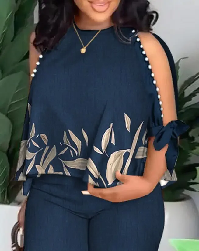 CPSYMYM قطعتين مجموعات النساء الزي الصيف النباتات طباعة سبليت كم بلوزات مستديرة العنق و عادية مستقيم الساق فستان أطفال مع سروال داخلي الشارع