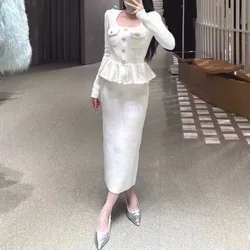 Luxury Knitted Long Dresses Women's 2025 Spring Autumn Fake Two Piece Set Golden Button Sheath Pencil Evening Party Dress White