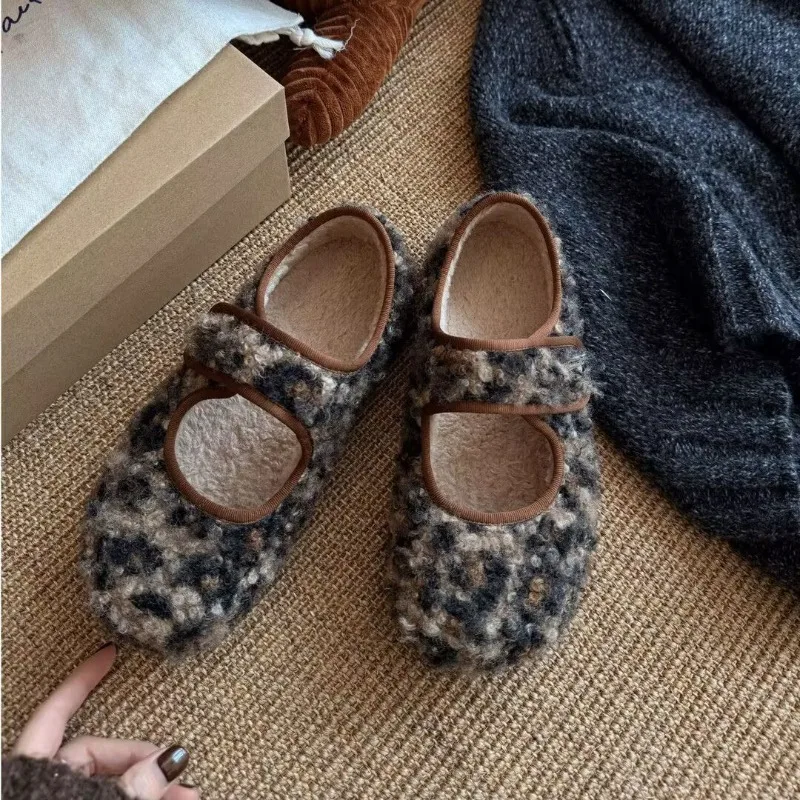 Grey Woolen Platform Shallow Mouth Mary Jane Shoes Women's 2025 Winter New Velvet Thermal Woolen Cotton Shoes