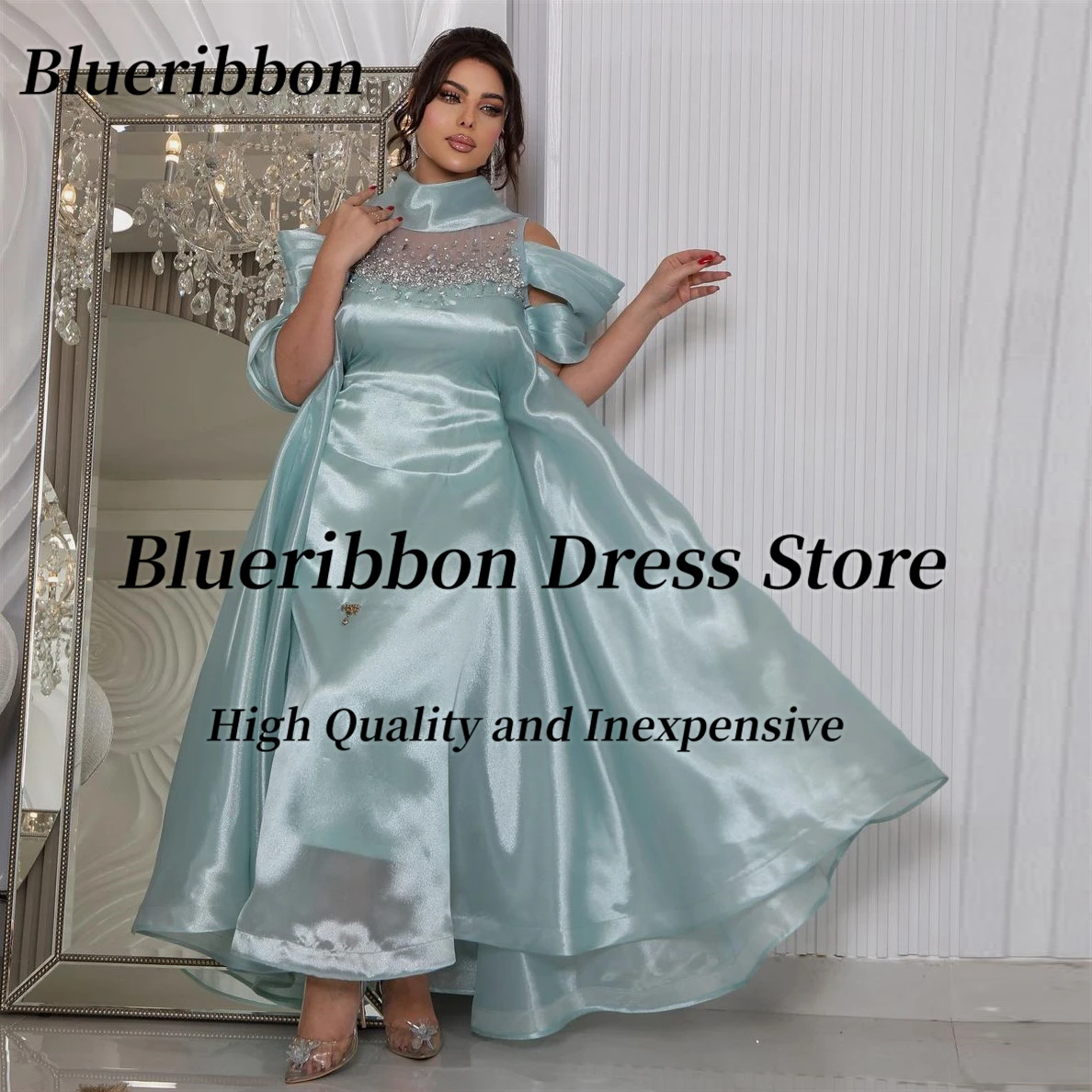 

Blueribbon فساتين مناسبة رسمية High Collar Beaded Luxury Prom Dresses Saudi Arabia Women Long Elegant Party Evening Dress