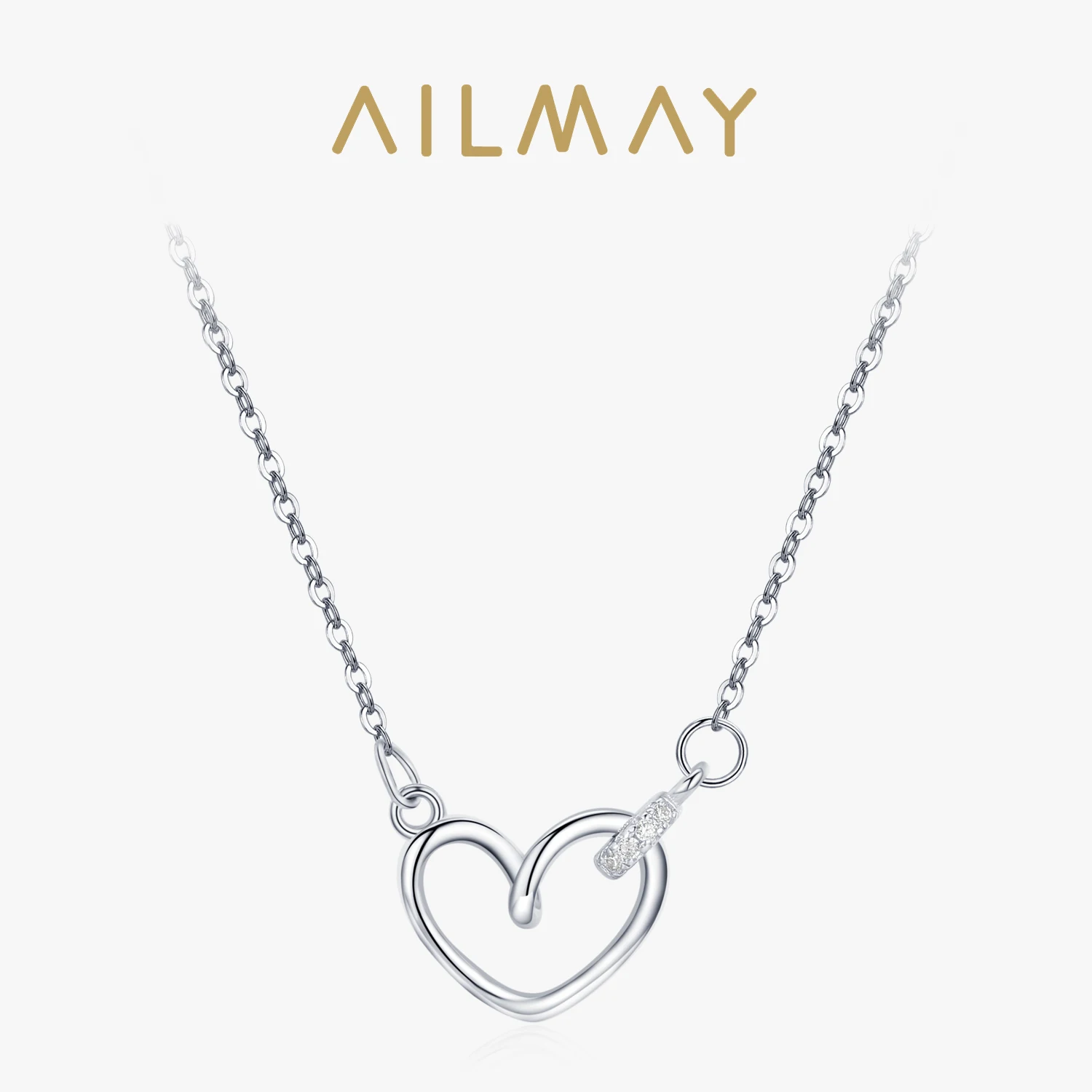 Ailmay Top Quality 925 Sterling Silver  Korean Simple Charm Heart Clear CZ Necklace For Women Wedding Engagement Jewelry Gift