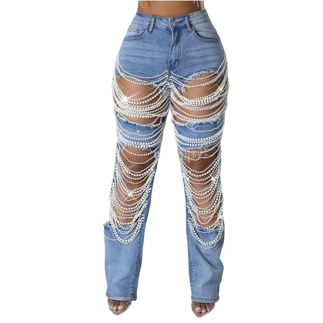 Y0016  Women Fashion Pearl Beading Ripped Hollow Out Tassel Wide Leg Jeans 2024 New Summer INS Street Denim Pants Trousers