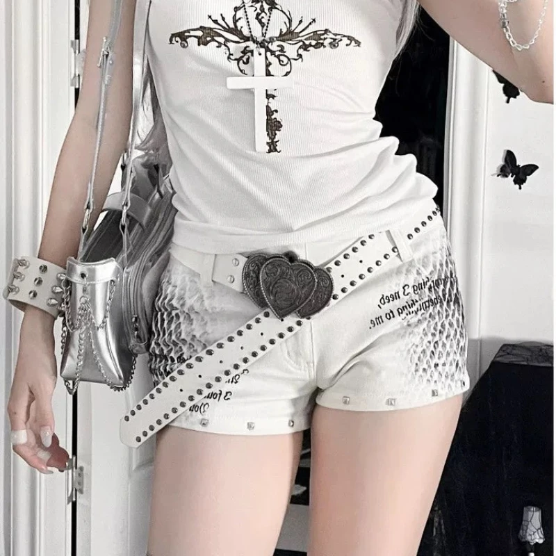 

HOUZHOU Vintage Snake Print Denim Shorts Women Y2k Sexy Gothic Low Waist Short Jeans Spicy Girl Grunge Streetwear White Shorts