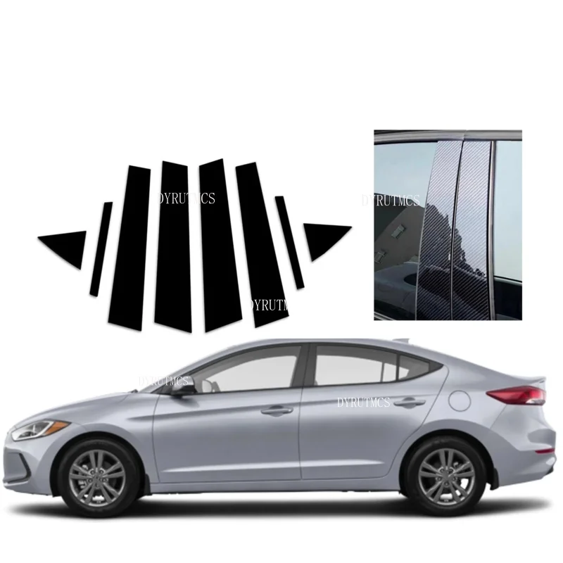 8PCS Glossy Black Pillar Posts Fit For Hyundai Elantra Sedan 2017 2018 2019 2020  Window Moulding  Trim Cover  Silver Carbon