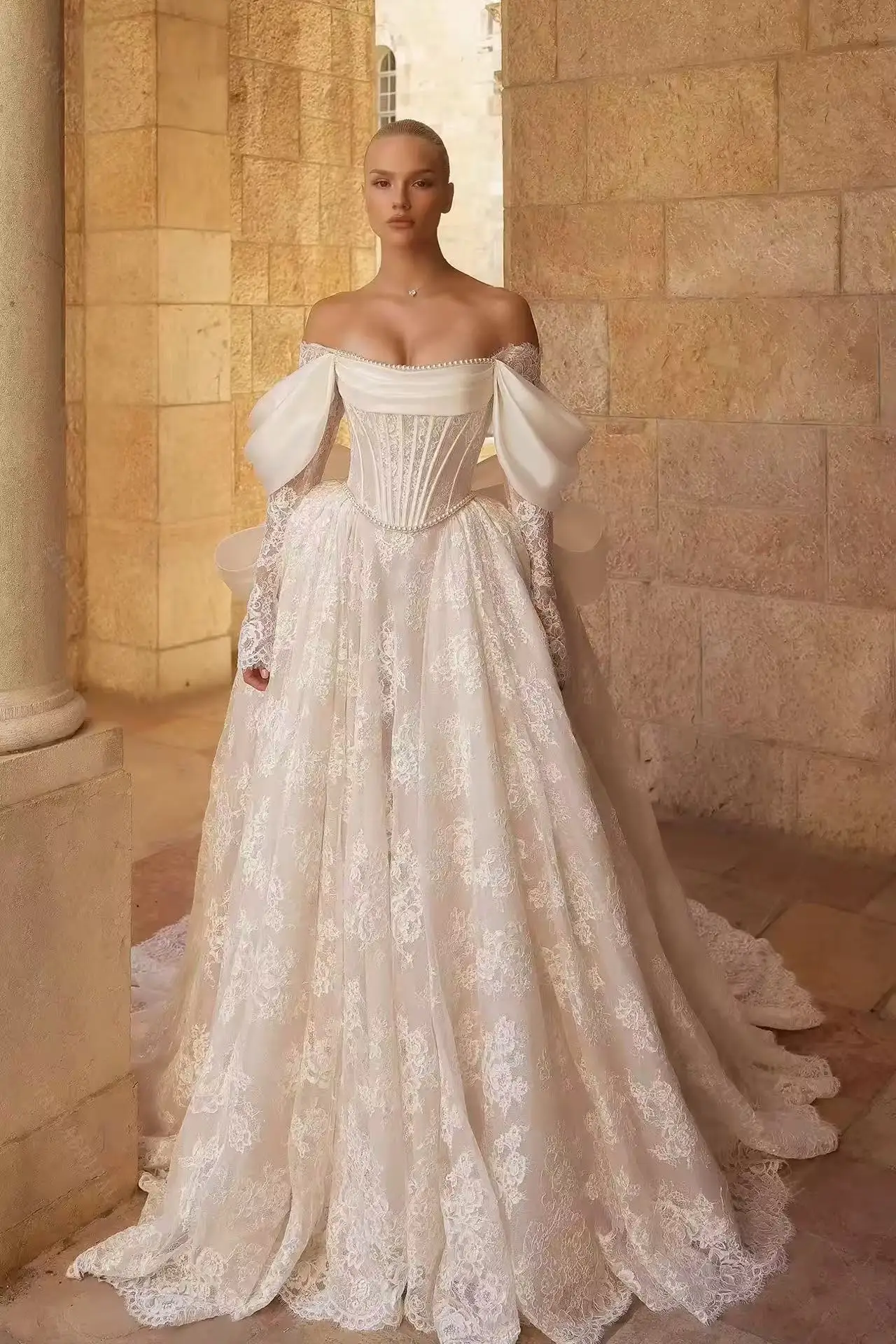 Customized Shimmering Moments  Luxury Lace Wedding Dress Sexy Off The Shoulder Vintage Wedding  Dress